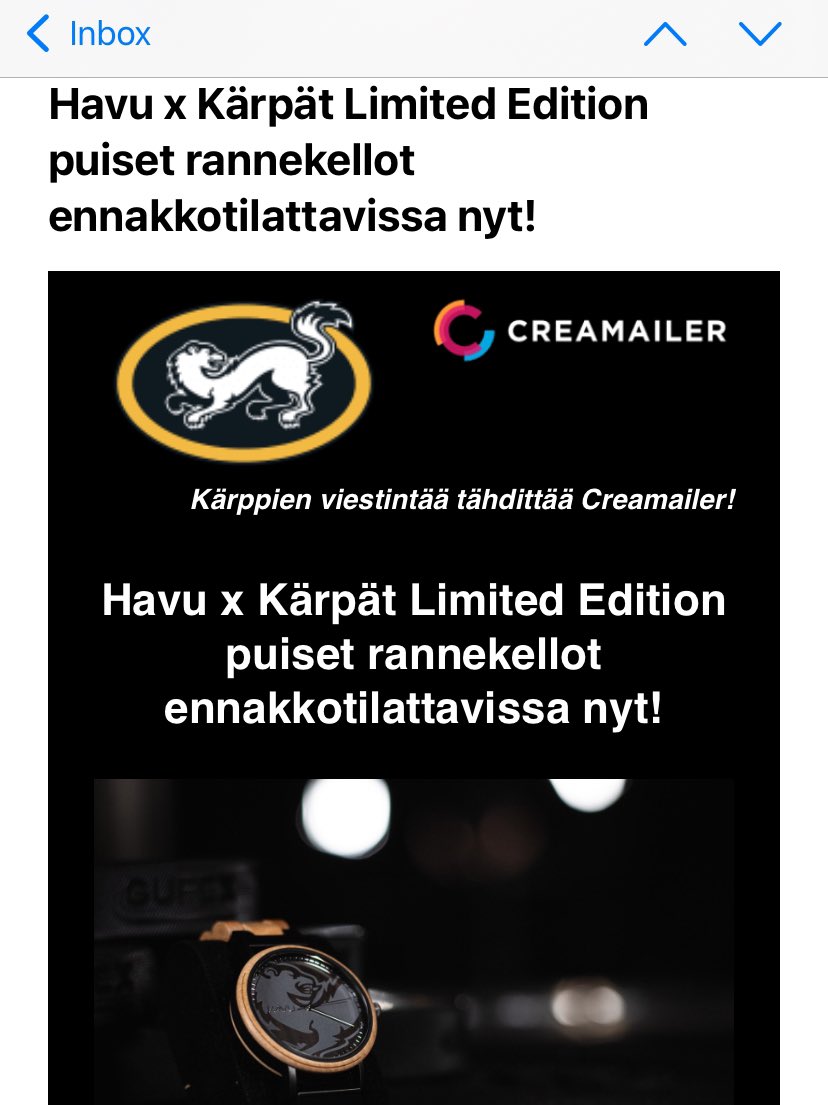 Tänään klo 9:30 #Kärpät lähetti sähköpostilla mainoksen. Kuuden pelin tappioputken jälkeen. ”Havu” kellot. Mitenhän hyvin menee kaupaksi? Jos olis ”Kake”, ”Kojo”, ”Mamba” tai jopa ”Suikka”, niin vois harkita. #hymiö