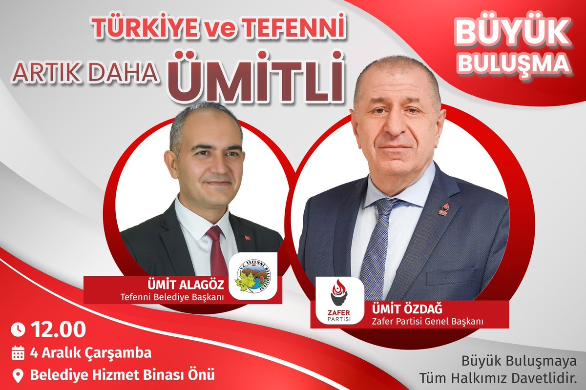 Ümit Özdağ, 4 Aralık Çarşamba günü saat 12.00'da Burdur Tefenni'ye giderek belediyemizde toplu katılım töreni gerçekleştirecek.