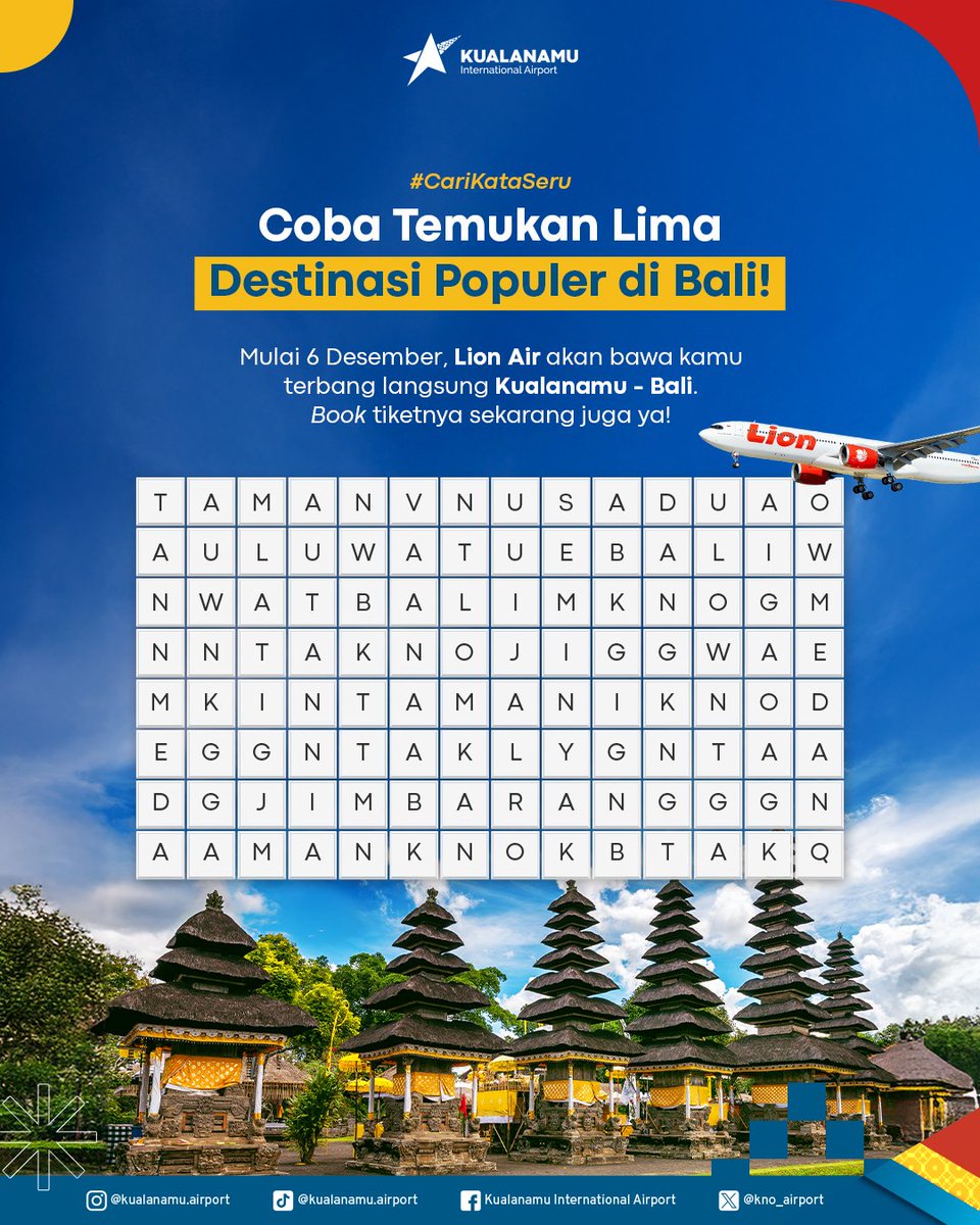 kno_airport's tweet image. Liburan ke Bali makin dekat! Temukan 5 destinasi hits di teka-teki ini, terus siap-siap terbang bareng @lionairgroup dari Kualanamu mulai 6 Desember. Sudah ketemu semuanya? Jawab di kolom komentar ya #APfriends

#Kualanamu
#BandaraKualanamu
#bali