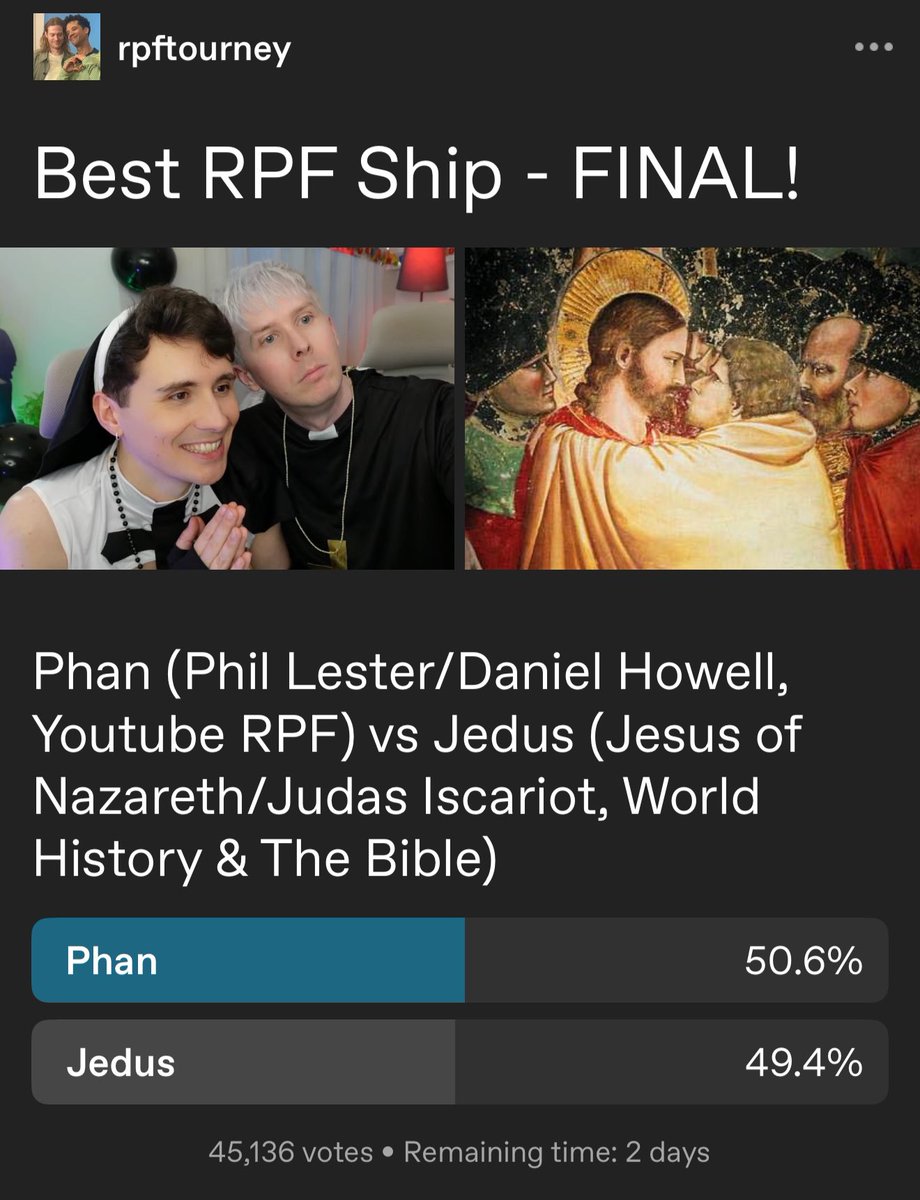 updatedphan's tweet image. 🚨🚨 PHANNIE EMERGENCY 🚨🚨
we are SUPER CLOSE to losing to jedus on the tumblr rpf poll - there are 2 days left - you know what to do.......
tumblr.com/rpftourney/768…