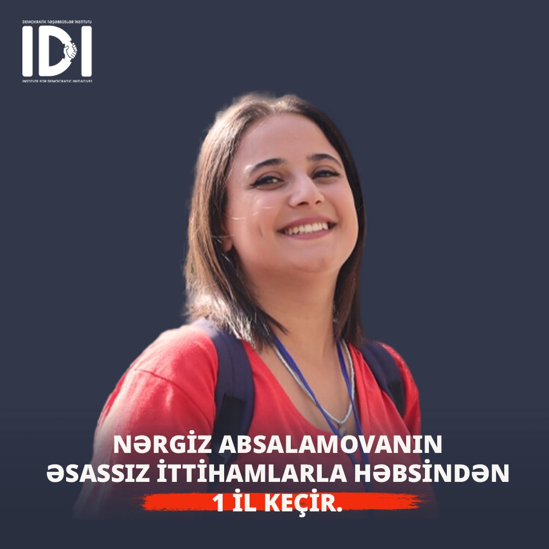 idiazerbaijan's tweet photo. 🛑 Jurnalist Nərgiz Absalamova 1 ildir həbsdədir. Onun cəsarəti bizə ədalət və azadlıq uğrunda mübarizə aparmalı olduğumuzu bir daha xatırladır!

🕊 #NərgiziAzadEdin #NərgizÜçünƏdalət #MətbuatAzadlığı https://t.co/F6Ynr7UC3C