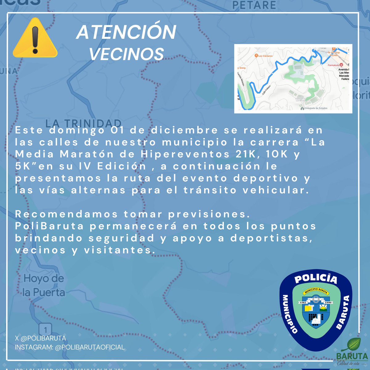 PoliBaruta's tweet photo. ¡Atención!
Domingo 01 de diciembre.
"La Media Maratón de Hipereventos"
21K - 10K - 5K
📍Las Mercedes.
📍Colinas de Bello Monte.
📍Chuao.

⬇️Información⬇️ https://t.co/Q7HjIHVdMO