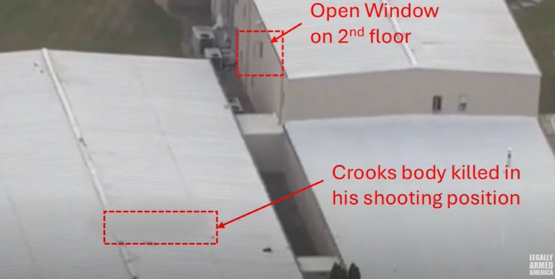 HealthRanger_'s tweet photo. The most likely location of the assassination team that took shots 4 and 5 is now revealed as the second floor window of a taller building to the NW of the Crooks rooftop building. This image is from an interview on YT channel Legally Armed America: https://t.co/1vfsKEs2kp