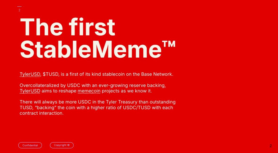 It was only a matter of time…

The BINANCE CMO is BULLISH on MEMES with UTILlTY. 

Tyler will be THE memecoin for #DeFi and #Utility enthusiasts on the <a href="/base/">Base</a> chain.

Our meme is already top-notch, how do you think we’ll do when we release the first StableMeme™ known to man.