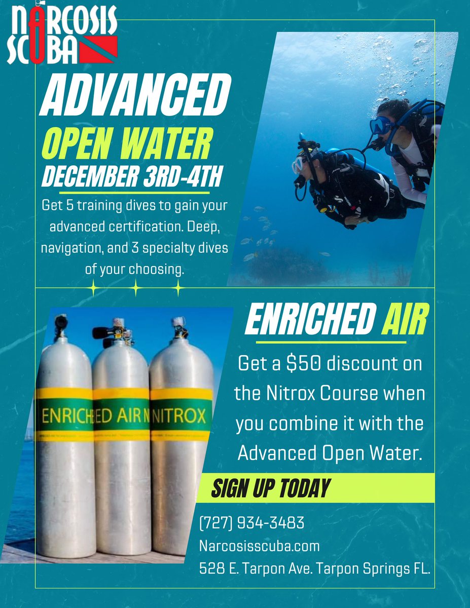 NarcosisScubaCe's tweet image. Sign up for your Advanced Open Water Course for December 3rd &amp;amp; 4th, and get $50 off!

Originally $599.95, with the discount, the class is only
$549.95.

Bookable online, in-store or call (727) 934-3483
narcosisscuba.com/courses/advanc…

#scubadiving #underwateradventure #divecourse…