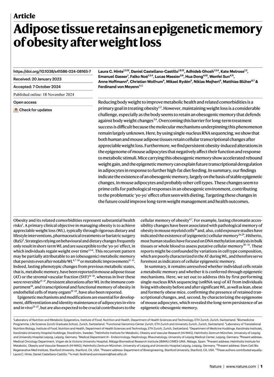 Top 2024 Article: Adipose tissue retains an epigenetic memory of obesity after weight loss.
nature.com/articles/s4158…