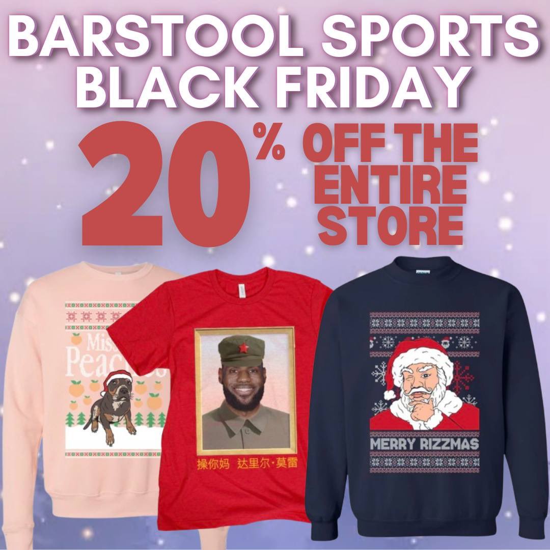 Barstool Sports' Black Friday / Cyber Monday sale is live NOW! The entire store is 20% off; get to the site ASAP and take advantage of the biggest sale of the season!
Head to the link in our bio or Story to shop now! store.barstoolsports.com/collections/bl…