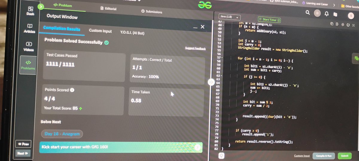 fsuleman5121's tweet photo. Daily streak: Day 13 of #gfg160, solved problem 15: String  add binary
#geekstreak2024
#gfg160
@geeksforgeeks https://t.co/IPHhWqsSBW