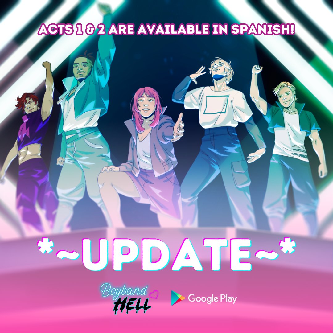 Boyband Hell ✨💀🎵 - OUT NOW on Google Play! (@boybandhellvn) on Twitter photo UPDATE ANNOUNCEMENT: Acts 1 & 2 are available in Spanish!
Our team has been working hard behind-the-scenes on localization, and this is one of our first steps. Special shout-out to @katyakaizer + <a href="/CyberSe7enth/">CyberSe7en</a>.
Update and/or download Boyband Hell today: play.google.com/store/apps/det… UPDATE ANNOUNCEMENT: Acts 1 & 2 are available in Spanish!
Our team has been working hard behind-the-scenes on localization, and this is one of our first steps. Special shout-out to @katyakaizer + <a href="/CyberSe7enth/">CyberSe7en</a>.
Update and/or download Boyband Hell today: play.google.com/store/apps/det…