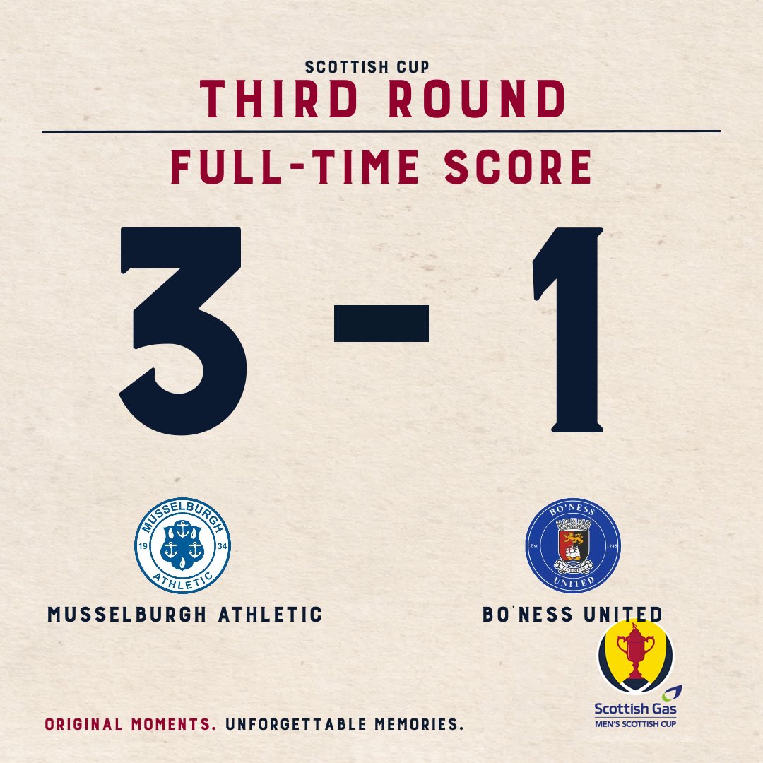 FULL TIME. 

Musselburgh Athletic 3 - 1 Bo’ness United

ABSOLUTELY INCREDIBLE