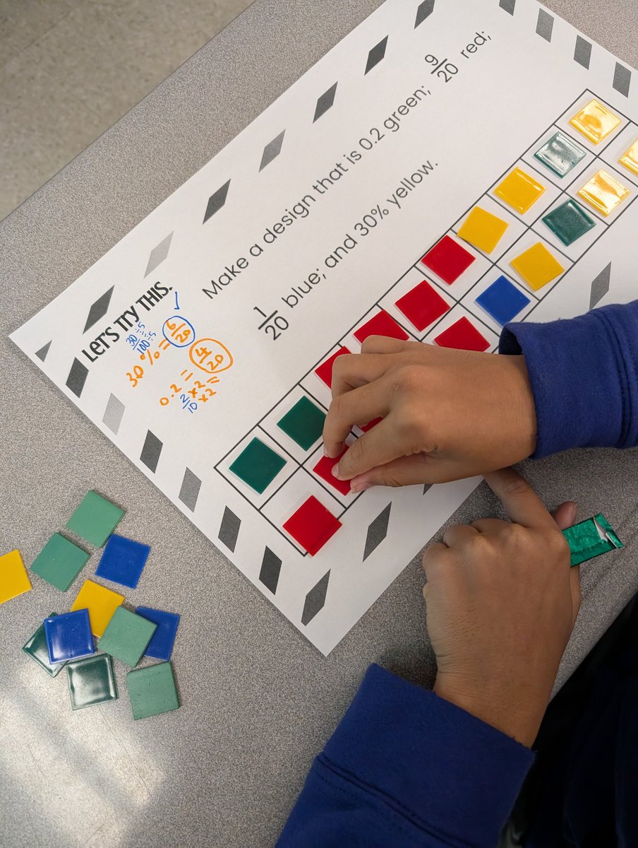Mrs_K_Eusebio's tweet image. Students used coloured tiles to tackle a decimal, fraction and percent problem. Using manipulatives was a great way for them to visualize their thinking and to test out their strategies to see if they were accurate. Great question from #brainingcamp #dpmath