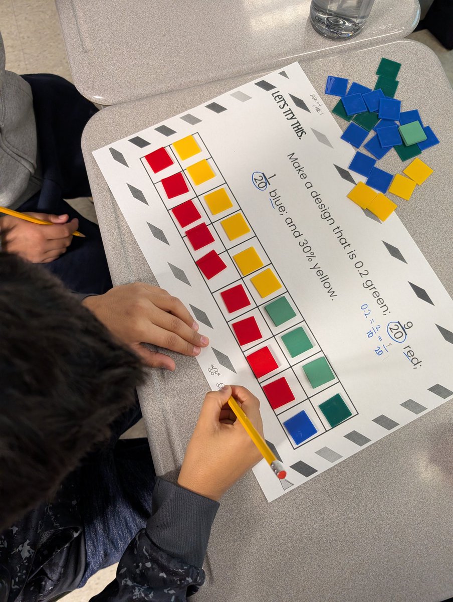 Mrs_K_Eusebio's tweet image. Students used coloured tiles to tackle a decimal, fraction and percent problem. Using manipulatives was a great way for them to visualize their thinking and to test out their strategies to see if they were accurate. Great question from #brainingcamp #dpmath