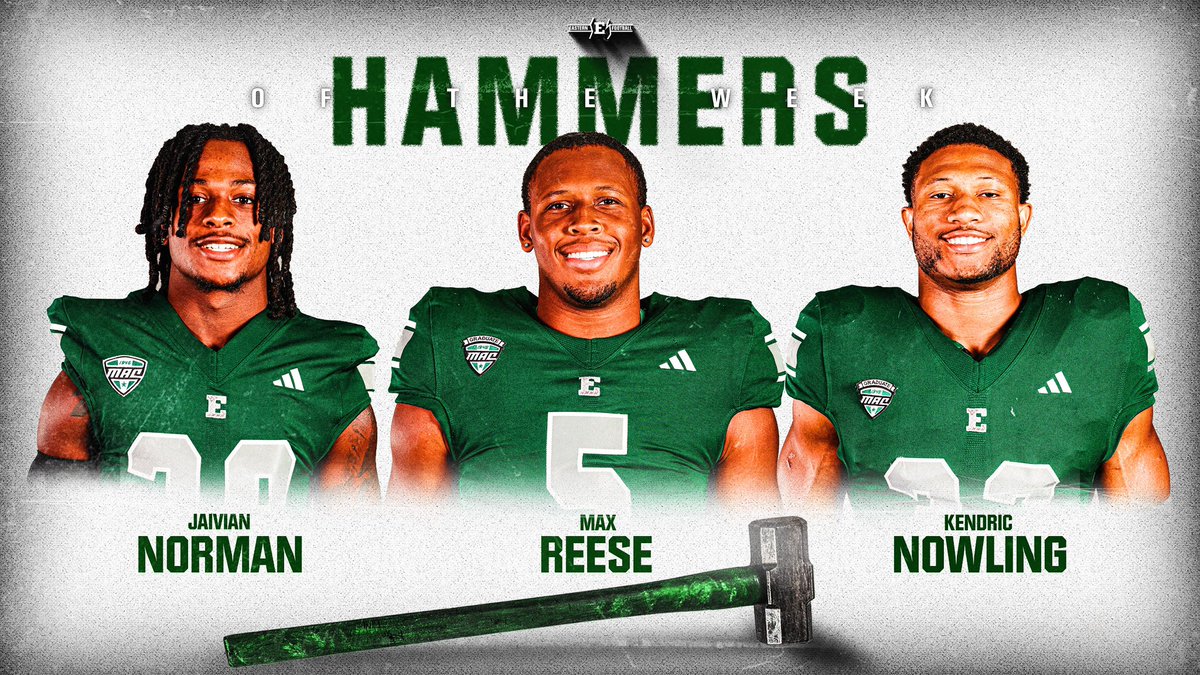 Eastern Michigan Football (@emufb) on Twitter photo Week 12 vs WMU Hammers of the Week are...
Offense: <a href="/MaxReese10/">Max Reese</a>
Defense: <a href="/jaivian_norman/">jaivian norman</a>
Special Teams: <a href="/KendricNowling/">Kendric Nowling</a>
#ETOUGH ⛓️ #BET Week 12 vs WMU Hammers of the Week are...
Offense: <a href="/MaxReese10/">Max Reese</a>
Defense: <a href="/jaivian_norman/">jaivian norman</a>
Special Teams: <a href="/KendricNowling/">Kendric Nowling</a>
#ETOUGH ⛓️ #BET