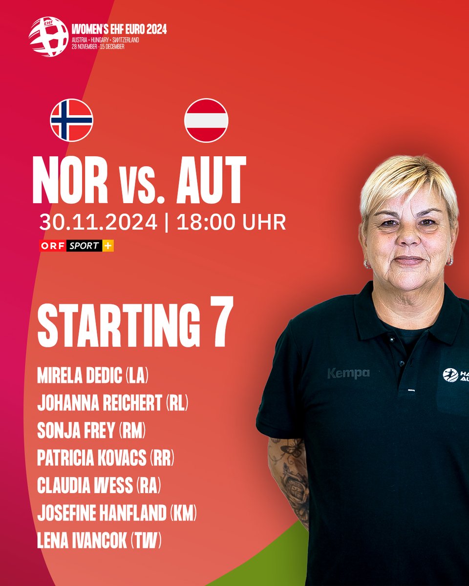 HandballAustria's tweet photo. So beginnen wir die zweite Partie der Heim EURO 2024! 💪🏼🇦🇹
#handball #handballaustria #heartwork #catchthespirit #starting7 #NORAUT #ehfeuro2024 https://t.co/HRtdDhDKfJ