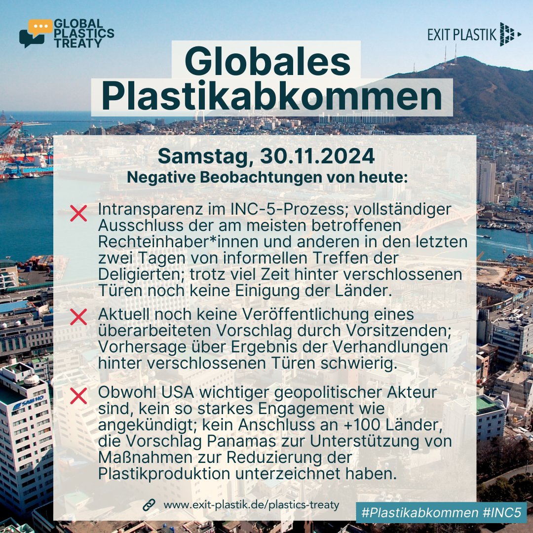 🌎#INC5 Tag 6:
Weiterhin Treffen der Delegierten hinter verschlossenen Türen bei den Verhandlungen für ein globales #Plastikabkommen - Ergebnis unklar.
#beatplasticpollution #Plastikwende

Mehr: exit-plastik.de/plastics-treat…