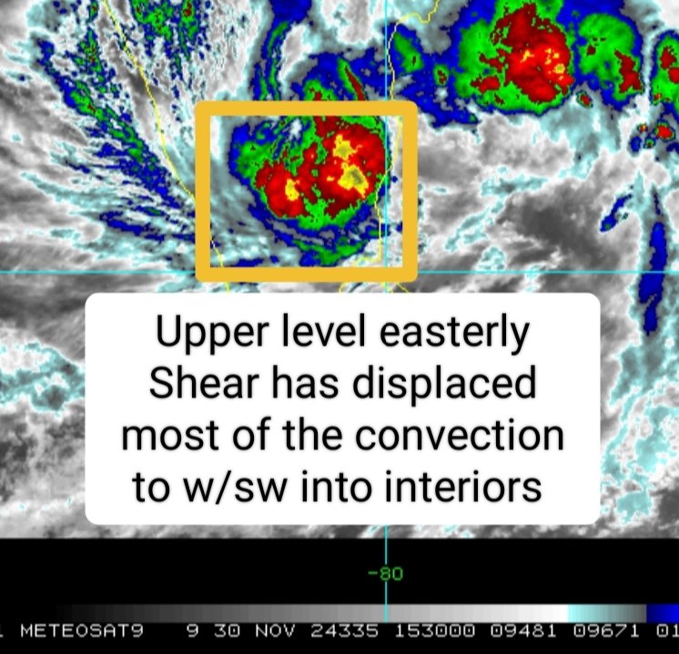 Kovairains's tweet photo. #CycloneFengal has almost stalled   roughly 40km east of #marakkanam as it was caught between ridges on either side and causing the delay in LF. The convection got displaced w/sw of the system due to easterly Shear at upper level making rain bands to move more into interiors. 1/2 https://t.co/4NpK5kgbI4
