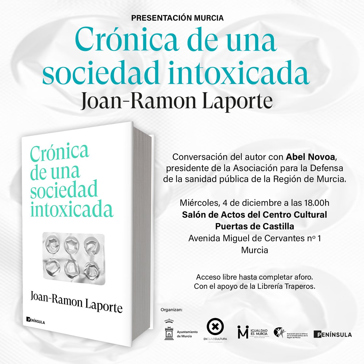 El miércoles día 4 de diciembre, charlaré largo y tendido con <a href="/joanrlaporte/">Joan-Ramon Laporte</a> sobre su obra "Crónica de una sociedad intoxicada". Mi reseña del libro adspmurcia.org/resena-de-cron… Acto organizado por <a href="/adsp_murcia/">ADSP Murcia</a> Colaboran <a href="/enclavecultura/">EnClave Cultura</a> <a href="/AytoMurcia/">Ayuntamiento de Murcia</a>