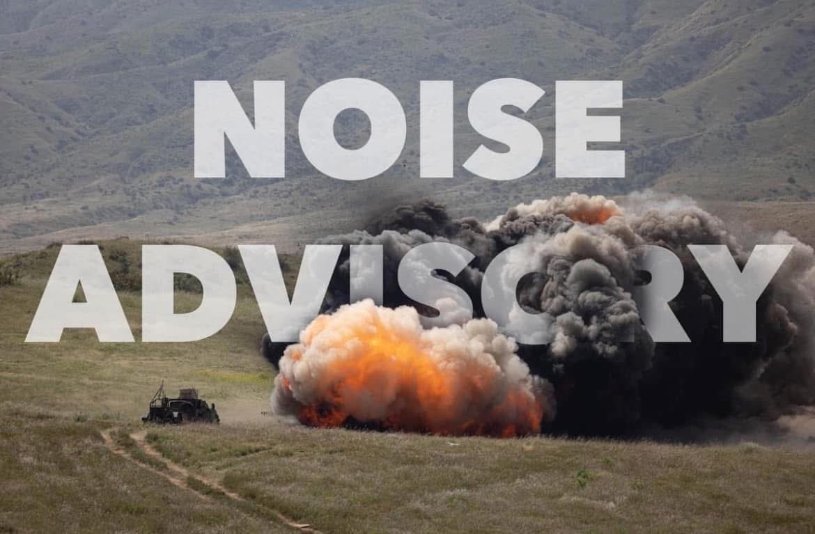 MCIWPendletonCA's tweet photo. ****NOISE ADVISORY****

There is live-fire training with high explosive munitions scheduled on the following dates:

Dec. 2-4, 2024 from 0600-2359
Dec. 7-9, 2024 from 0600-2359

This training may be heard anytime throughout the day or night. https://t.co/9U5kfdnjOv