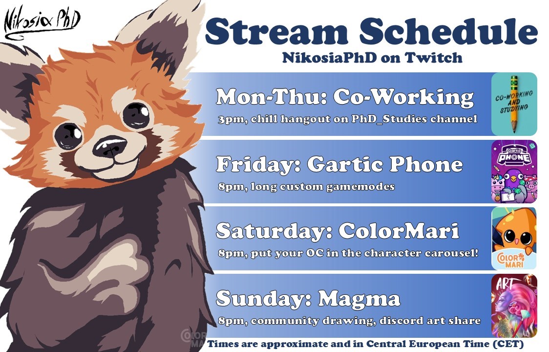 NikosiaPhD's tweet photo. 📣 New stream schedule for the next couple of weeks just dropped!

What custom modes should we do in the Gartic Phone streams on Fridays? Submit your OC for the Character Carousel on Saturdays! 🧡

#vtuber #twitch https://t.co/1a7MqEbpZN