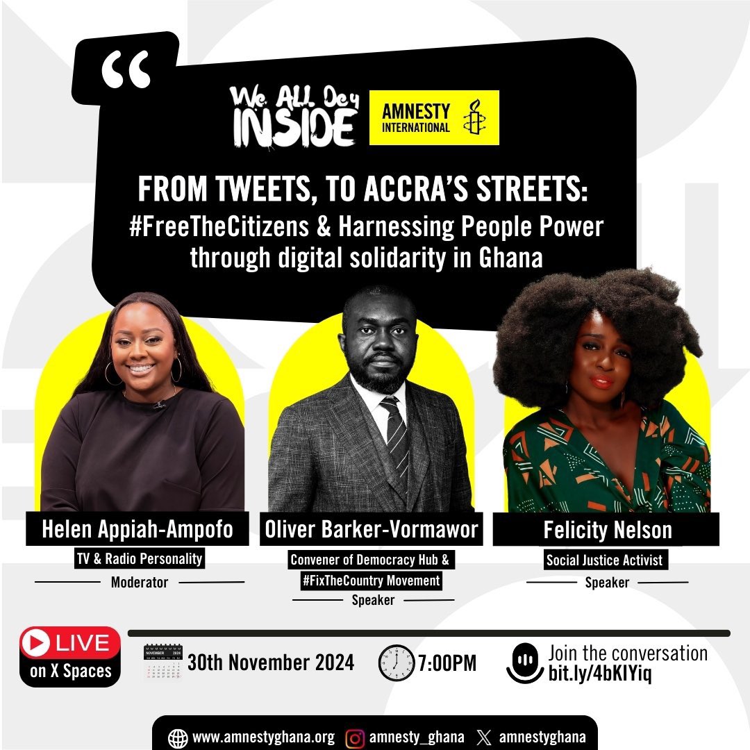 Join this three way conversation between me <a href="/Felly_Nelson/">Felicity Naana Nelson</a>, and <a href="/FlavaFlavswife/">Helen Appiah- Ampofo</a> hosted by <a href="/amnestyghana/">Amnesty International Ghana</a> 

It’s in 2 hours. 

x.com/i/spaces/1lPKq…