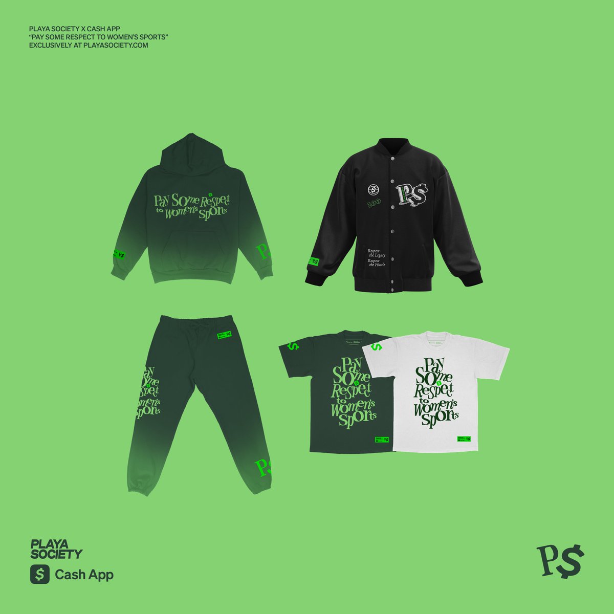 CashApp's tweet photo. “Pay Some Respect to Women’s Sports” collection is LIVE!

Cash App and @Playa_Society have partnered to bring you a limited edition apparel honoring women in sports, exclusively available at https://t.co/6WPoU7lxgu.

@Playa_Society is a streetwear brand that promotes representation for women in sports through storytelling and 🔥designs. To show our support, for a limited time you can use your Cash App Card to get 20% off Playa Society merchandise. Apply the offer in the app.