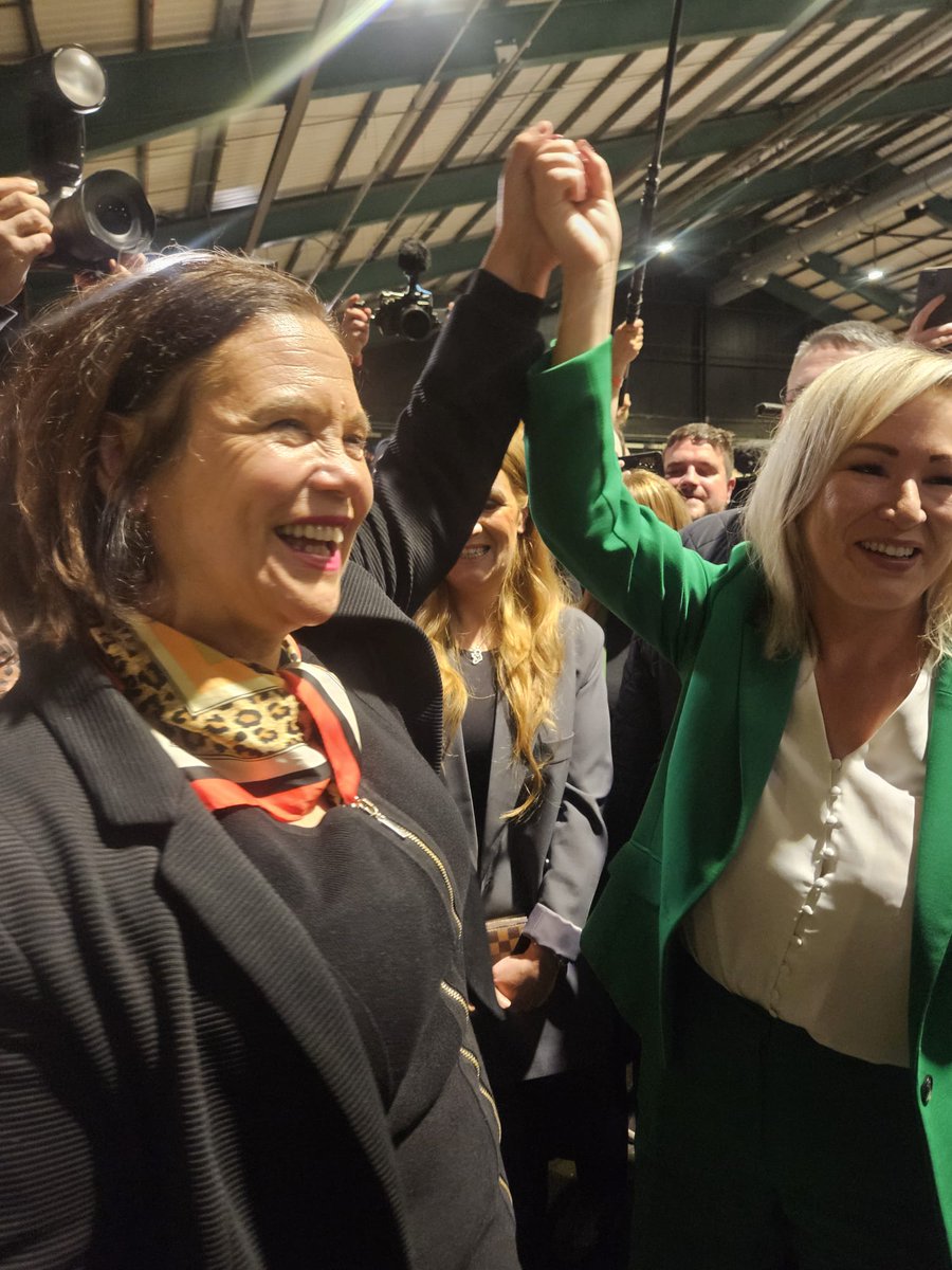 NewstalkFM's tweet image. DUBLIN: @sinnfeinireland's Mary Lou McDonald and Michelle O'Neill celebrate what looks to be a good day for the party.

#GeneralElection24