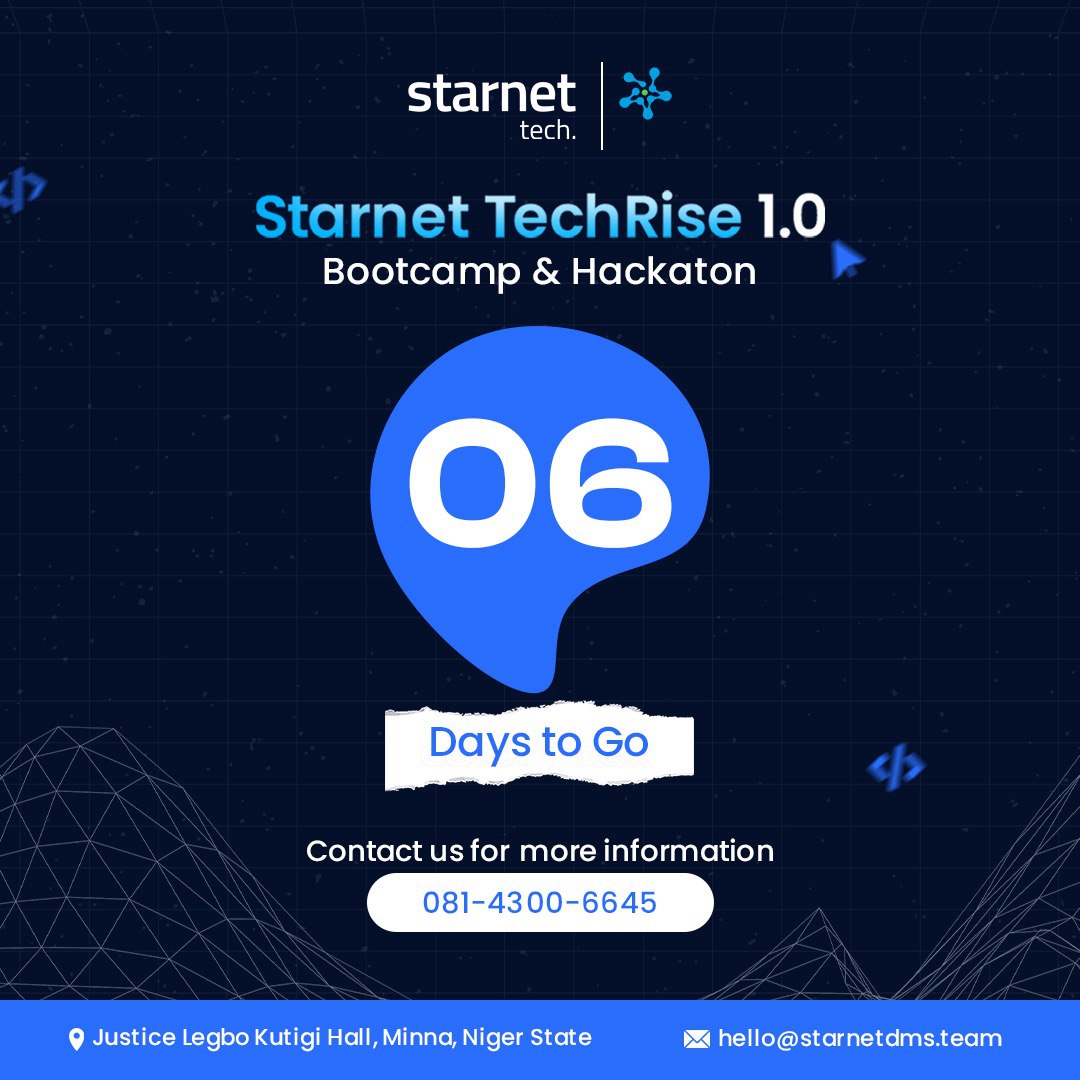 💫6 Days to Go!
The countdown is real! In just 6 days, we’re unleashing innovation and creativity at Starnet TechRise 1.0. 

Are you ready to be part of Minna's biggest tech revolution?

Book your seat now! 
starnetdms.com/bootcamp