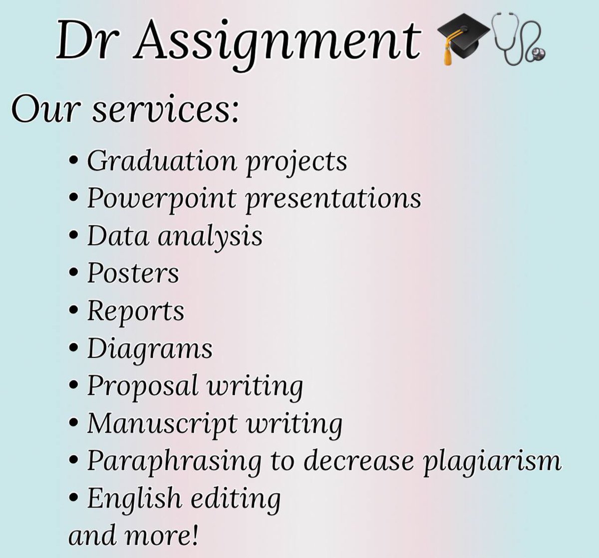 DrAssignments's tweet image. #Graduation_projects #Data_analysis
#Assignments #PowerPoint #Presentations #Reports #Posters #Diagrams #Proposal #Paraphrasing #mindmaps #Research
#مشاريع_تخرج #خدمات_طلابية