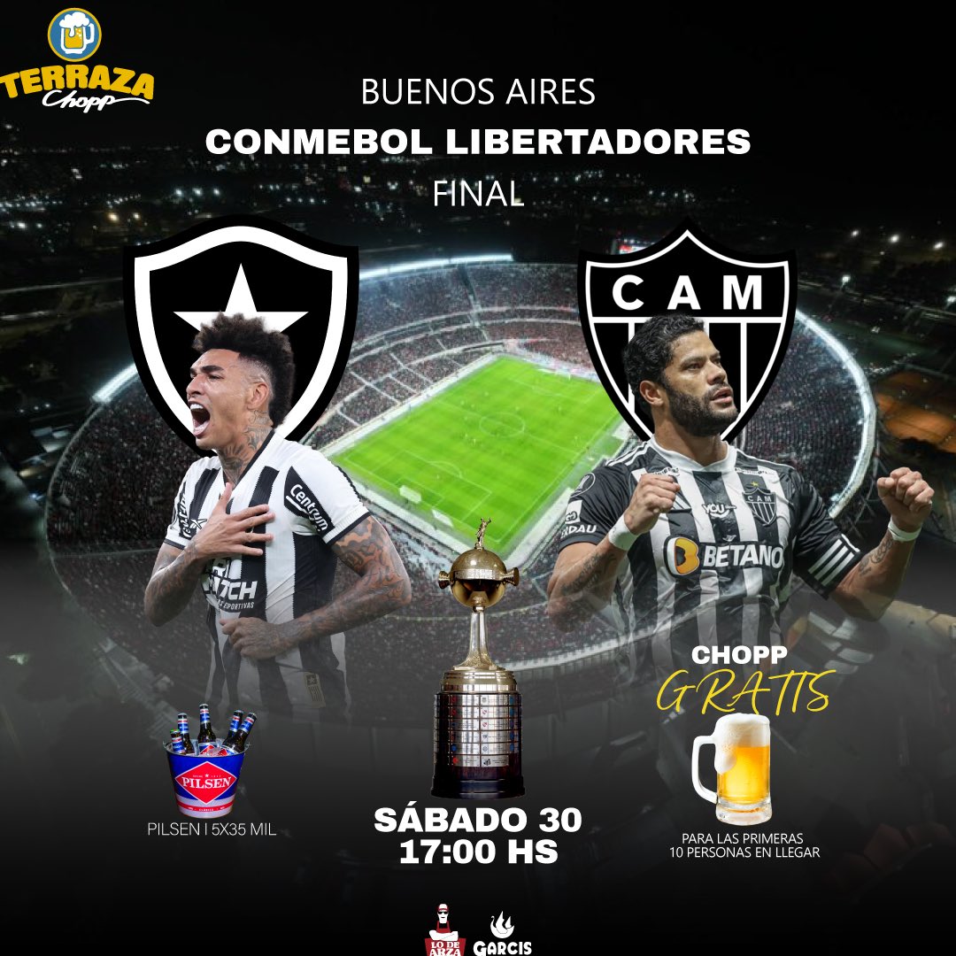 Hoy te esperamos para vivir la GRAN FINAL DE LA COPA LIBERTADORES en tu choperia favorita 🍻🙌🏻🏆
• CHOPP GRATIS para las primeras 10 personas en llegar al bar 😃🍺
• Promo Pilsen’i 5x35 mil 🍻

📲 +Info al WhatsApp 👉🏻 wa.me/595981542888