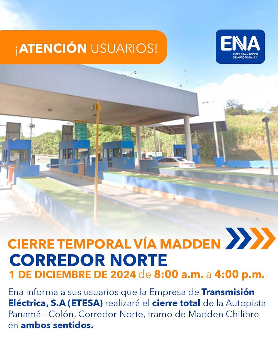 Traficologo1's tweet photo. #ENAinforma
ENA informa que este domingo 1 de diciembre de 2024, en la Autopista Panamá-Colón, tramo Madden-Chilibre, la empresa ETESA estará realizando trabajos por lo que se cerrará la vía en ambos sentidos de 8:00 a.m. a 4:00 p.m. debido a trabajos en Línea de Transmisión Eléctrica.
Agradecemos su comprensión y les pedimos planificar sus rutas con antelación para evitar contratiempos.
@ENACorredoresPA