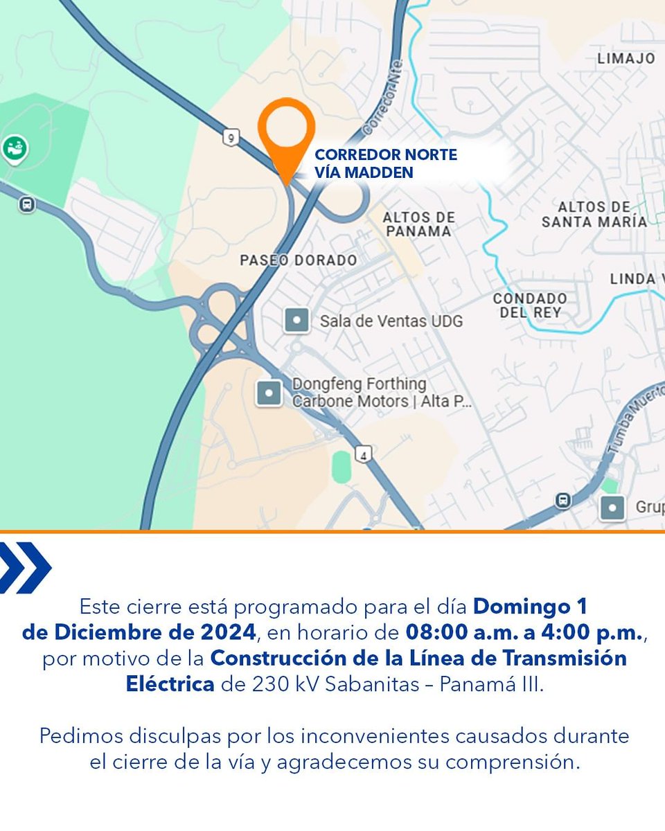 Traficologo1's tweet photo. #ENAinforma
ENA informa que este domingo 1 de diciembre de 2024, en la Autopista Panamá-Colón, tramo Madden-Chilibre, la empresa ETESA estará realizando trabajos por lo que se cerrará la vía en ambos sentidos de 8:00 a.m. a 4:00 p.m. debido a trabajos en Línea de Transmisión Eléctrica.
Agradecemos su comprensión y les pedimos planificar sus rutas con antelación para evitar contratiempos.
@ENACorredoresPA