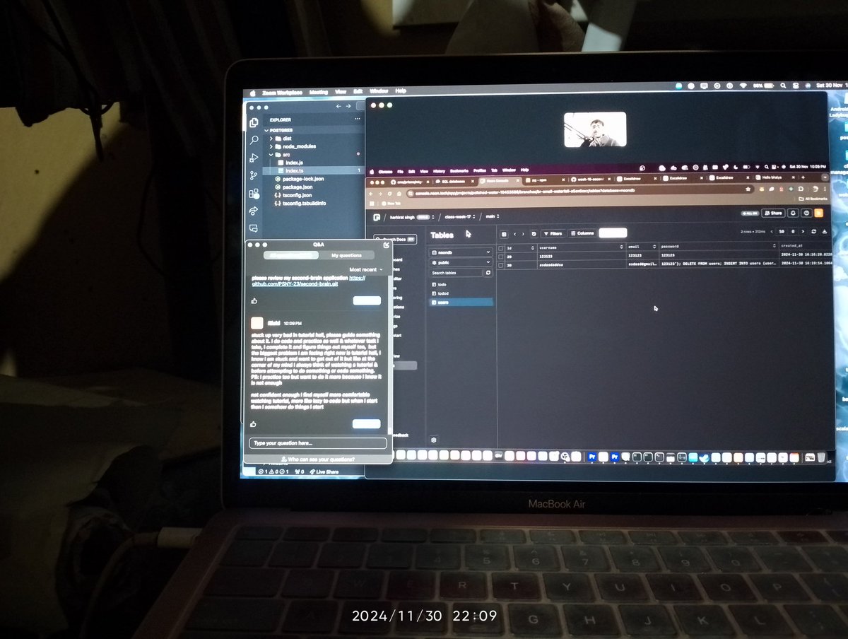 caught up with the live classes of cohort 3. ;) Multiple projects otw. Learnt about SQL databases and the pg Library. <a href="/kirat_tw/">Harkirat Singh</a> <a href="/100xDevs/">100xDevs</a>