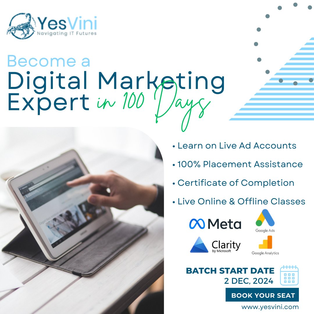 YesViniTM's tweet photo. 100 Days Digital Marketing Program, starting on 2nd December 2024. 

Kindly ensure the payment is made at the earliest to secure your enrollment and continue with the program smoothly.

#digitalmarketing #digitalmarketingagency #digitalmarketingagencyonline #yesvinitechnologies https://t.co/E3Xp6tLY7q