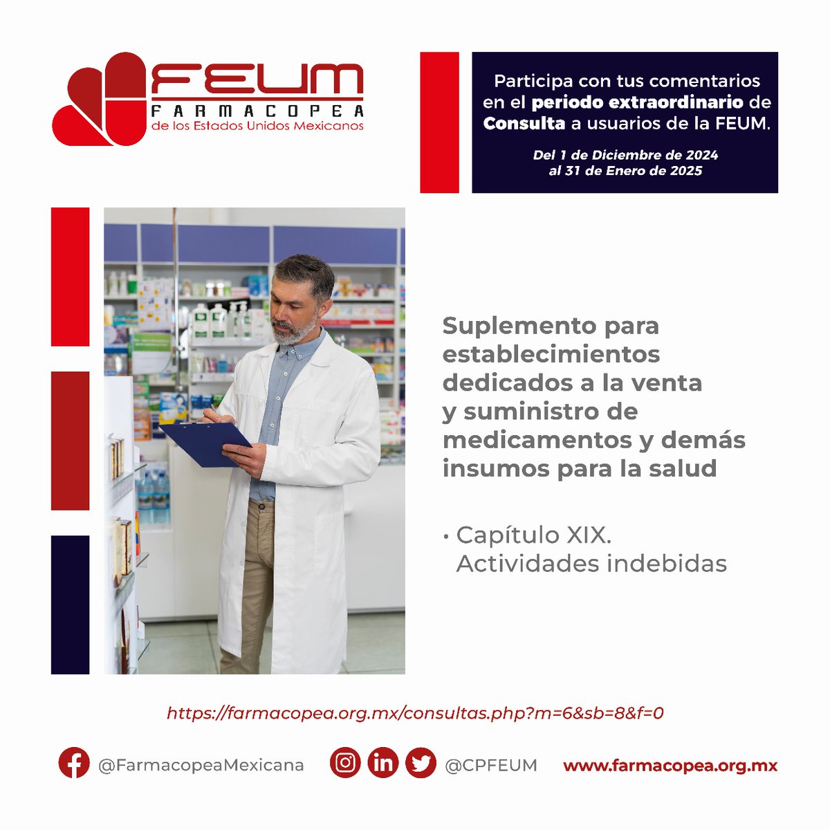 📢 ¡Participa en el Periodo Extraordinario de Consulta para la FEUM! 🗣️

🗓️ Del 1 de diciembre de 2024 al 31 de enero de 2025, comparte tus comentarios sobre el Suplemento para establecimientos de medicamentos.

🔗 Más info y consulta aquí: farmacopea.org.mx/Repositorio/Do…