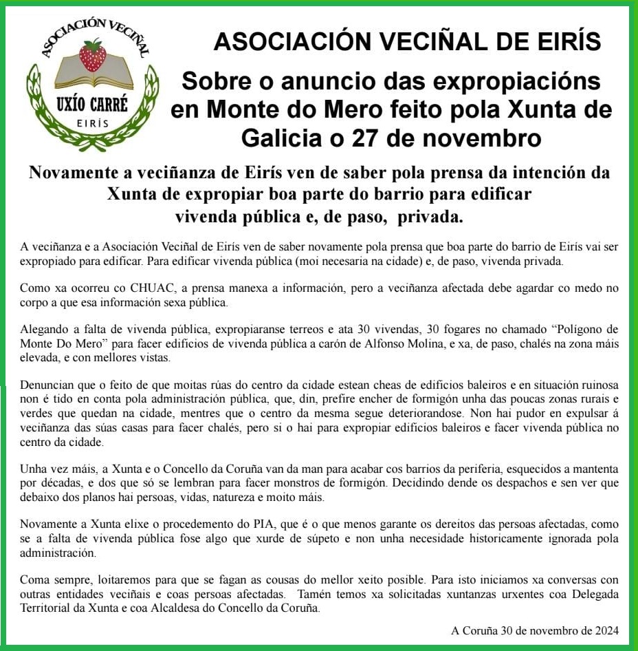 Comunicado da Asociación veciñal de #Eirís sobre o Anuncio da #Xunta do #PIA  en #MontedoMero do 30 nov 2024
#expropiacións