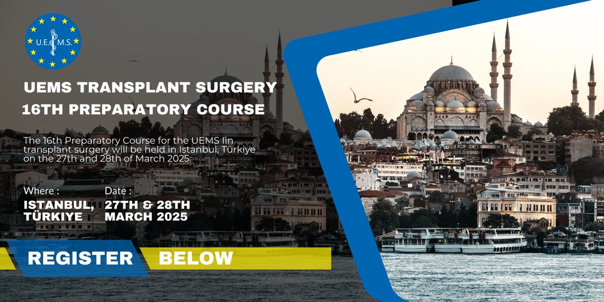 🚨 Ready for the next step in #TransplantSurgery? 🚨
Join the 16th Preparatory Course for the EBSQ Exam in Istanbul, 27-28 March 2025!🎉
👉 Register Now: [uemssurg.quiz.one/public/event/T…] #UEMS #MedicalEducation <a href="/frank_dor/">Frank Dor</a> <a href="/dewojt/">Wojciech Polak</a> <a href="/prof_cillo/">Umberto Cillo</a> <a href="/NicosKessaris/">Nicos Kessaris</a>