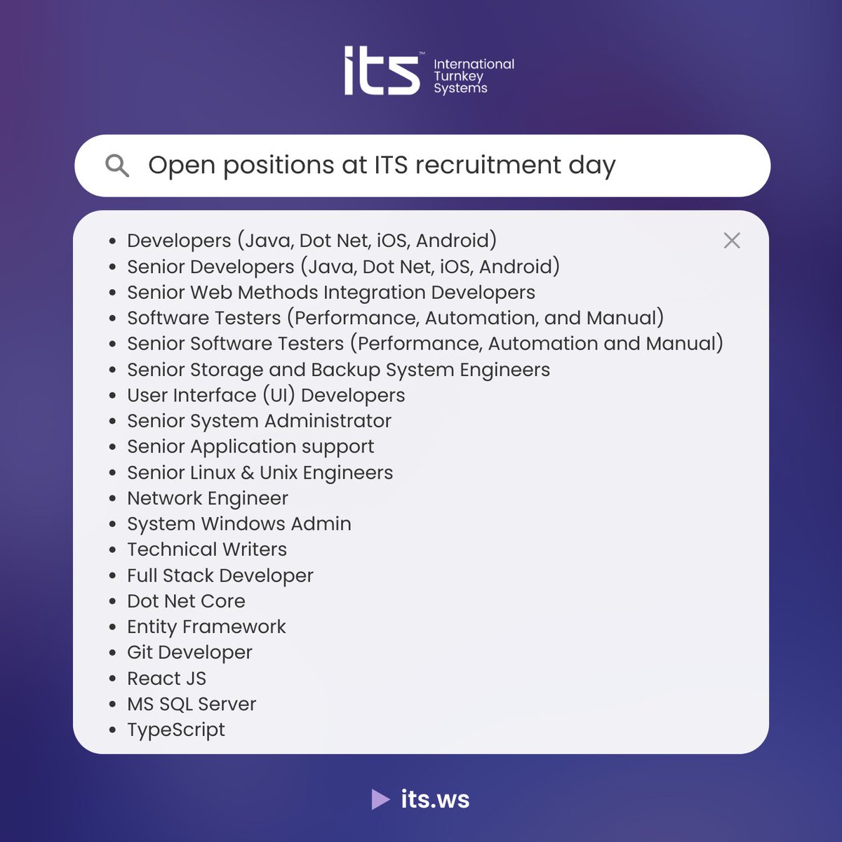 انضموا إلينا في يوم التوظيف المفتوح في القاهرة.

Want to join our innovative team? Attend ITS' Open Recruitment Event in Cairo on December 2-3.
Location: ITS HQ, Free Zone, Street 11, Block H, Nasr City. 
#توظيف #وظائف #مصر #القاهرة #فرص_عمل