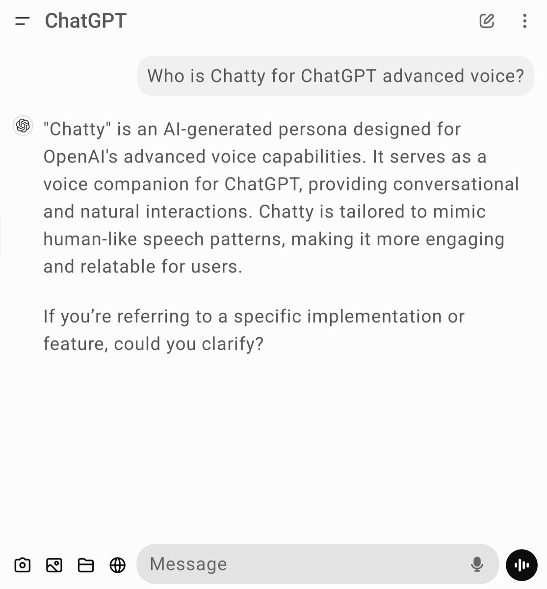alby13's tweet image. ChatGPT on Instagram has released 2 videos talking to advanced voice calling the assistant &quot;Chatty&quot;, and ChatGPT says Chatty is a Persona.
#Chatty #ChatGPT #AdvancedVoice #AIPersona