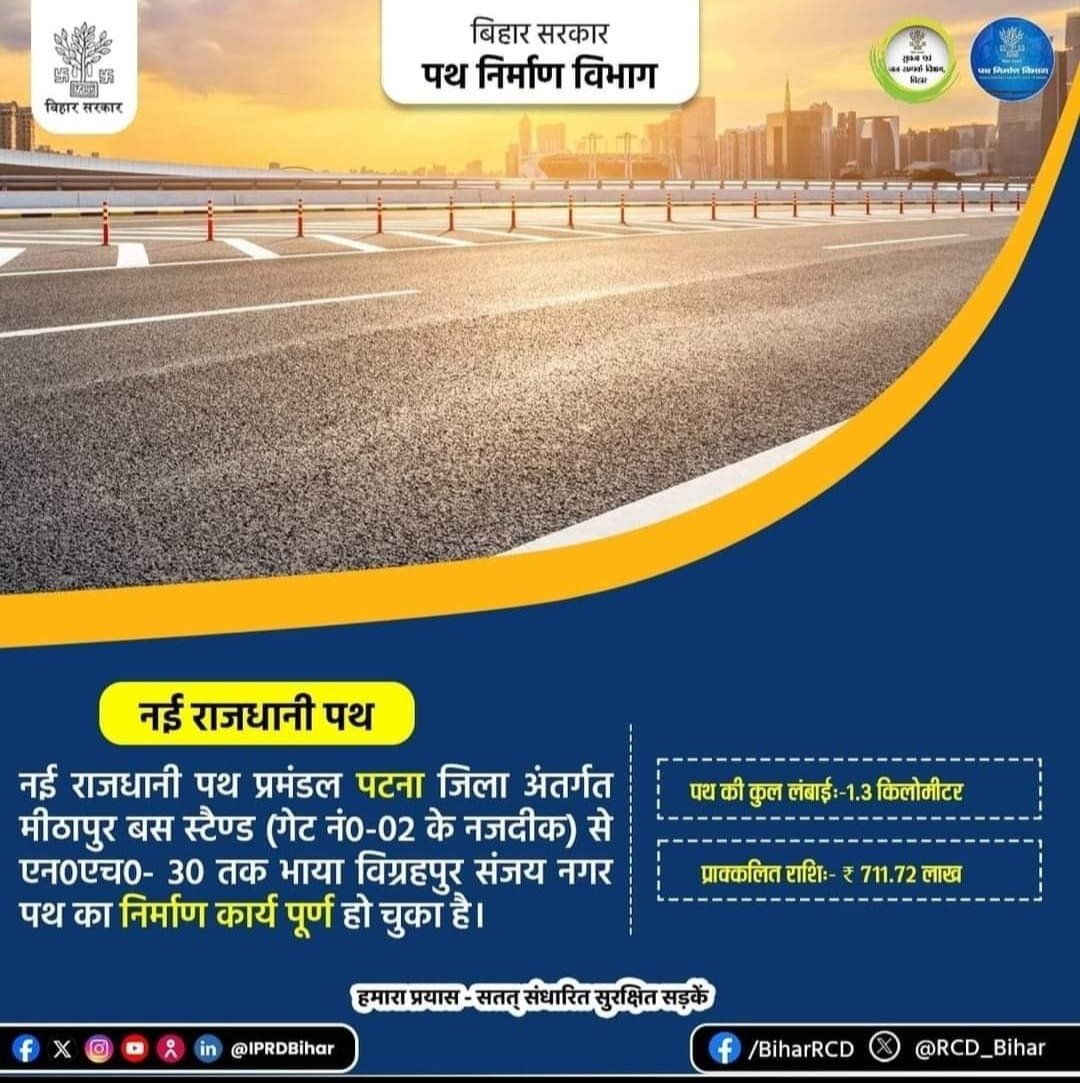 RCD_Bihar's tweet photo. नई राजधानी पथ प्रमंडल पटना जिला अंतर्गत मीठापुर बस स्टैण्ड (गेट नं0-02 के नजदीक) से एन०एच०- 30 तक भाया विग्रहपुर संजय नगर पथ का निर्माण कार्य पूर्ण हो चुका है।

@VijayKrSinhaBih 
#roadsafety 
#BiharRoadConstructionDepartment https://t.co/UUSbp3NhjK