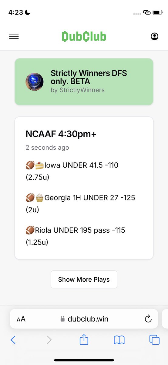 FRIDAY NIGHT SWEEP. 

✅🏈🍰Iowa UNDER 41.5  (2.75u) 

✅🏈🧁Georgia 1H UNDER 27 (2u)

✅🏈Riola UNDER 195 pass (1.25u) 

Message to JOIN 📲🎁

GOT BLACK FRIDAY DEALS 📲🏷