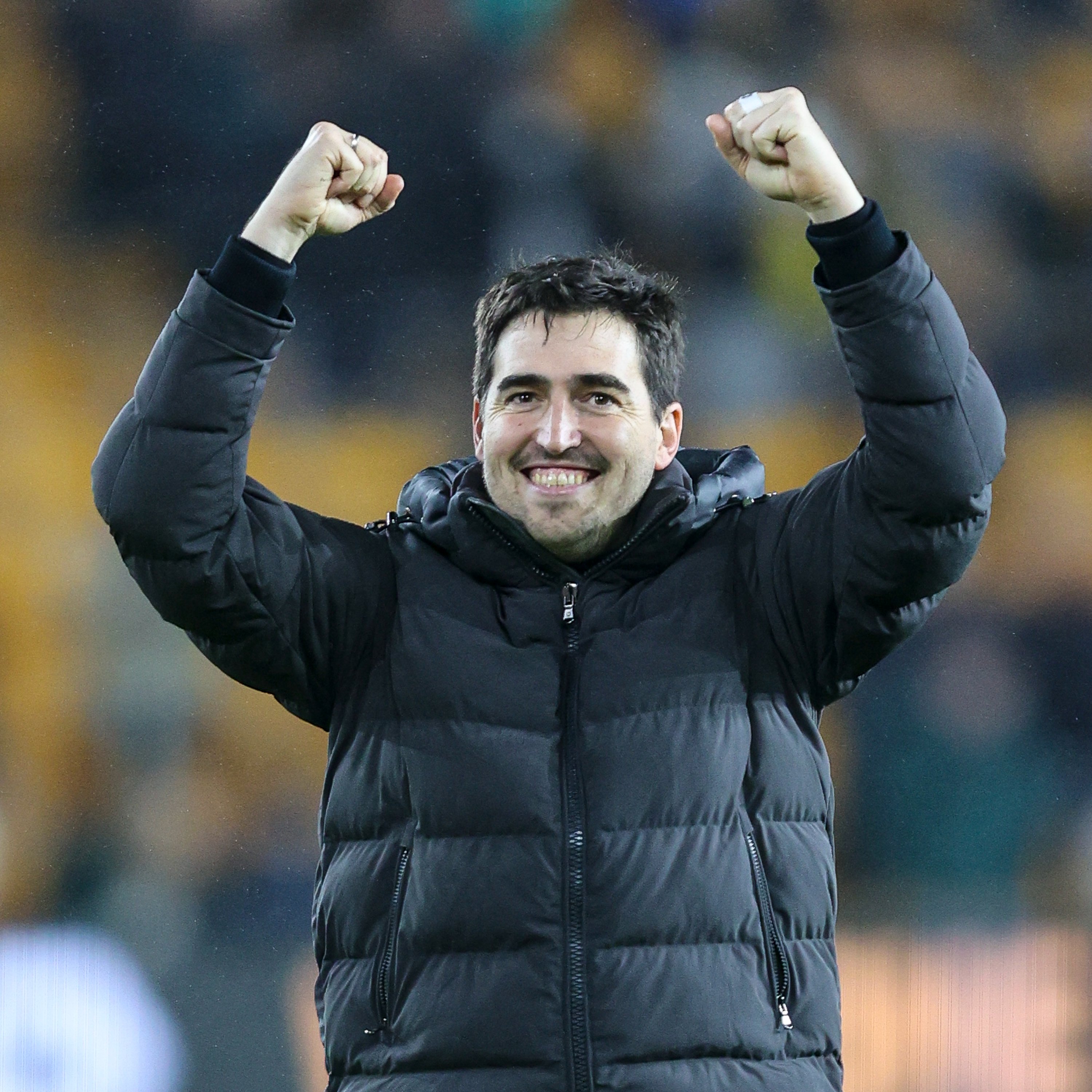 Andoni Iraola clenches his fist to the away end at full-time at Molineux.
