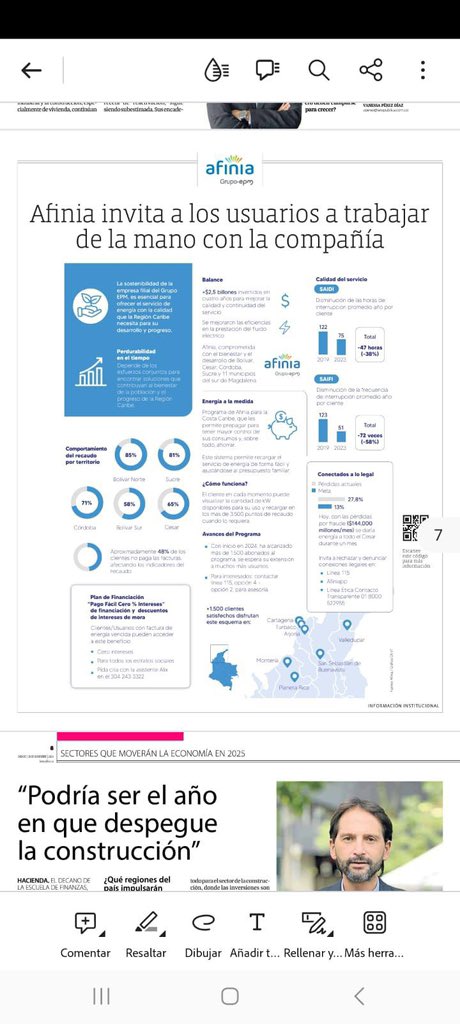 AfiniaGrupoEPM's tweet photo. En la edición LOS SECTORES QUE MOVERÁN LA ECONOMÍA EN 2025 de @larepublica_co puedes leer cómo en Afinia trabajamos por alcanzar resultados sostenibles, basados en la calidad del servicio, soluciones para los clientes y recuperación de energía, para sumar al progreso de la Región https://t.co/r5xlec0hUi