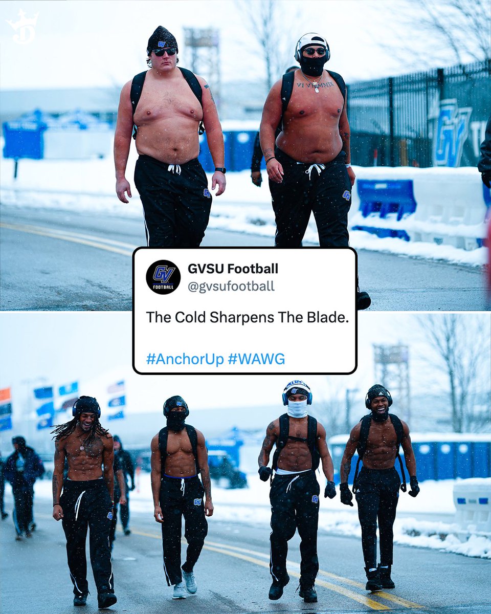 DraftKings (@draftkings) on Twitter photo Grand Valley State's football team is "embracing the cold" for the Division 2 playoffs 😅
(📷: <a href="/gvsufootball/">GVSU Football</a>) Grand Valley State's football team is "embracing the cold" for the Division 2 playoffs 😅
(📷: <a href="/gvsufootball/">GVSU Football</a>)