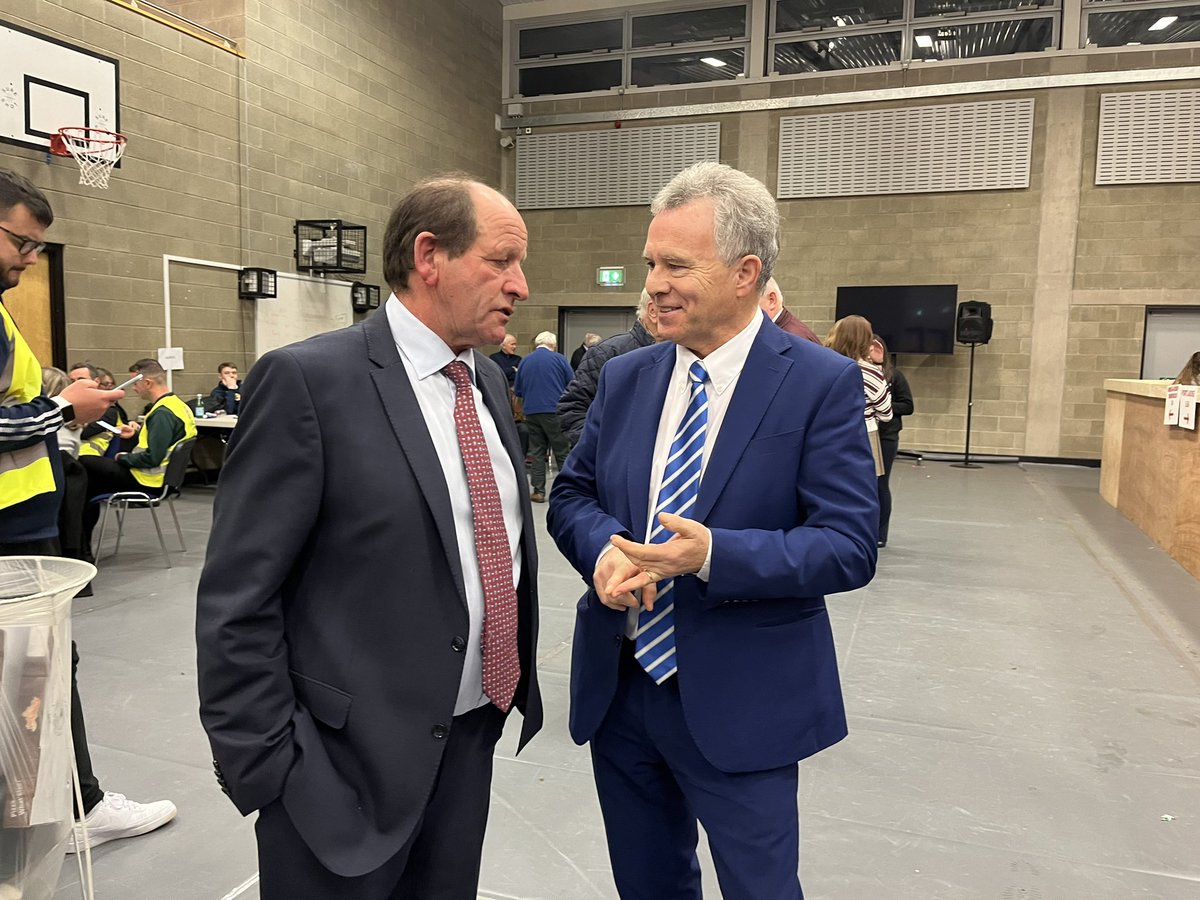Fine Gael’s Willie Aird and Fianna Fáil’s Seán Fleming at Portlaoise count centre this evening waiting for the first count to be announced #Laois #Election2024