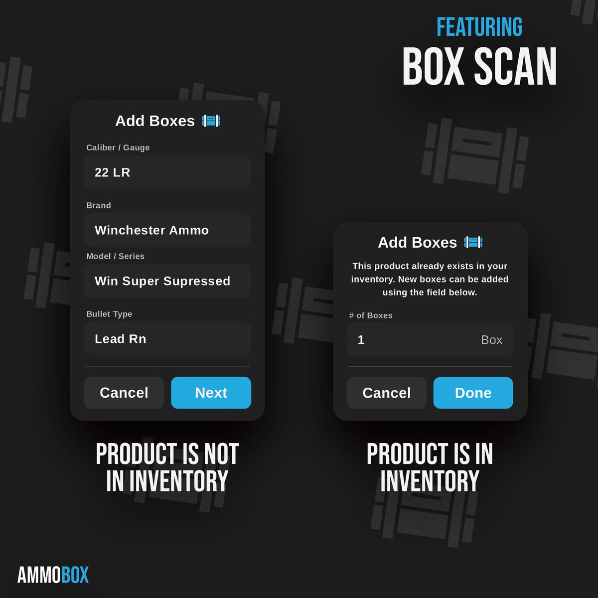 ammoboxapp's tweet photo. If a box isn't currently in your inventory, the app will retrieve the information from our database, allowing you to review and confirm it before saving. If the box is already in your inventory, the app will just prompt you to specify how many you're adding. https://t.co/e5kSQuP5N7