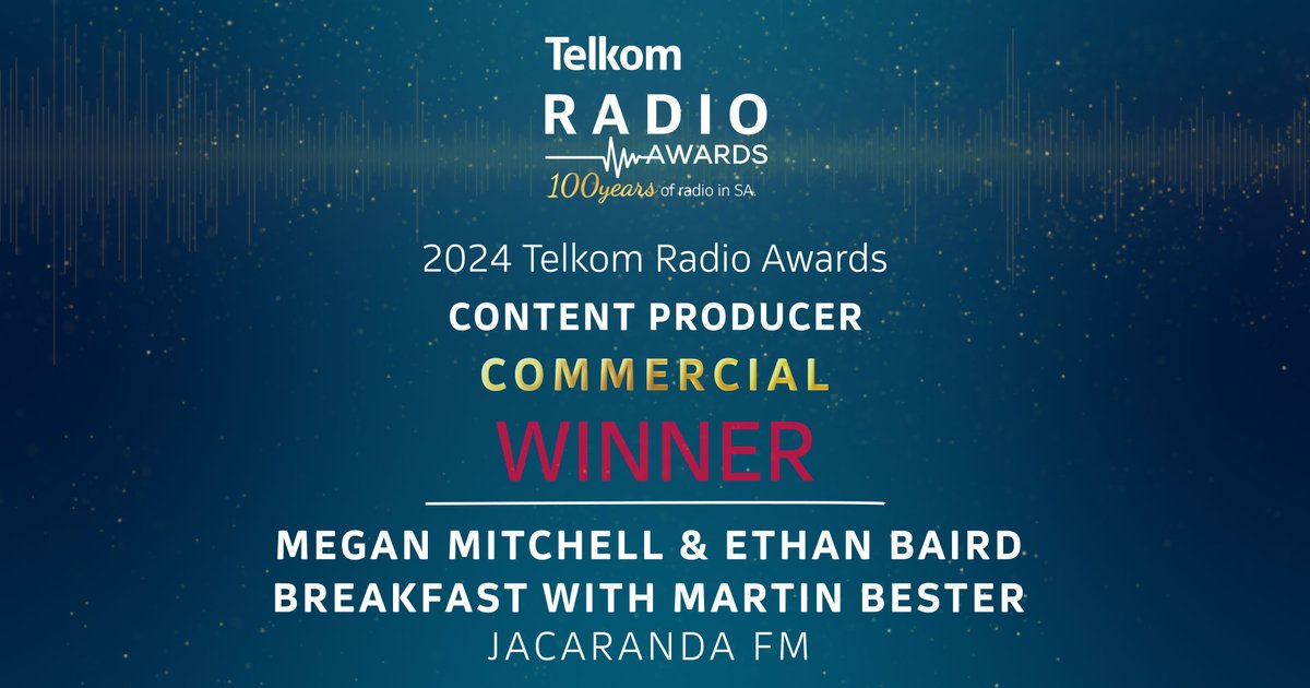 Content Producer – COMMERCIAL 📝
🏆 Winner: JACARANDA FM – BREAKFAST WITH MARTIN BESTER, MEGAN MITCHELL, AND ETHAN BAIRD
#TelkomRadioAwards <a href="/TelkomZA/">@TelkomZA</a> <a href="/jacarandafm/">Jacaranda FM</a>