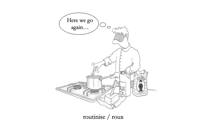 CaptQwerty's tweet photo. #strangeneighbours No. 268 #routinise #roux 
One of the basic, and most satisfying, recipes in cooking. Put #butter, #flour and #milk together and you get white sauce. Remember to season well. #cooking #cuisine #kitchen #illustration #humour #dictionary #OED #homepride #fred https://t.co/ix1g6rbTHB