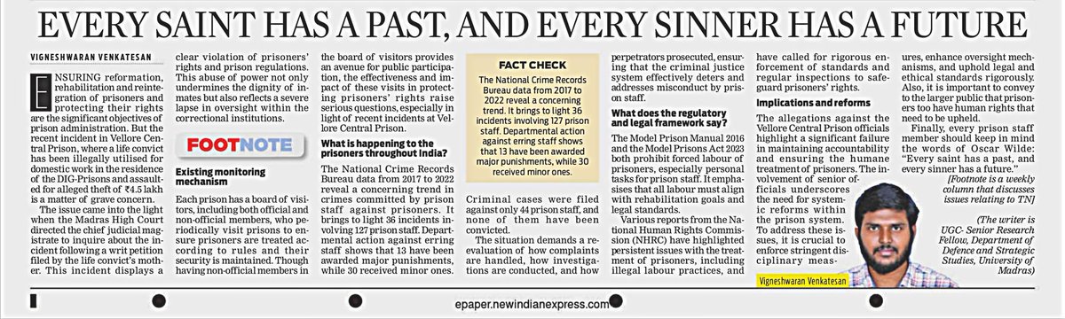 Vigneshwaran92V's tweet photo. The use of prisoners for domestic work  by staff of Tamil Nadu’s Vellore Prison sparks concerns over oversight and prisoners' rights. In our article for @NewIndianXpress, @thomasgowtham08 &amp; I discuss reforms to uphold justice and dignity.  #PrisonReform Thanks to @Rajalakshmi2398 https://t.co/dLzmkSZAZk