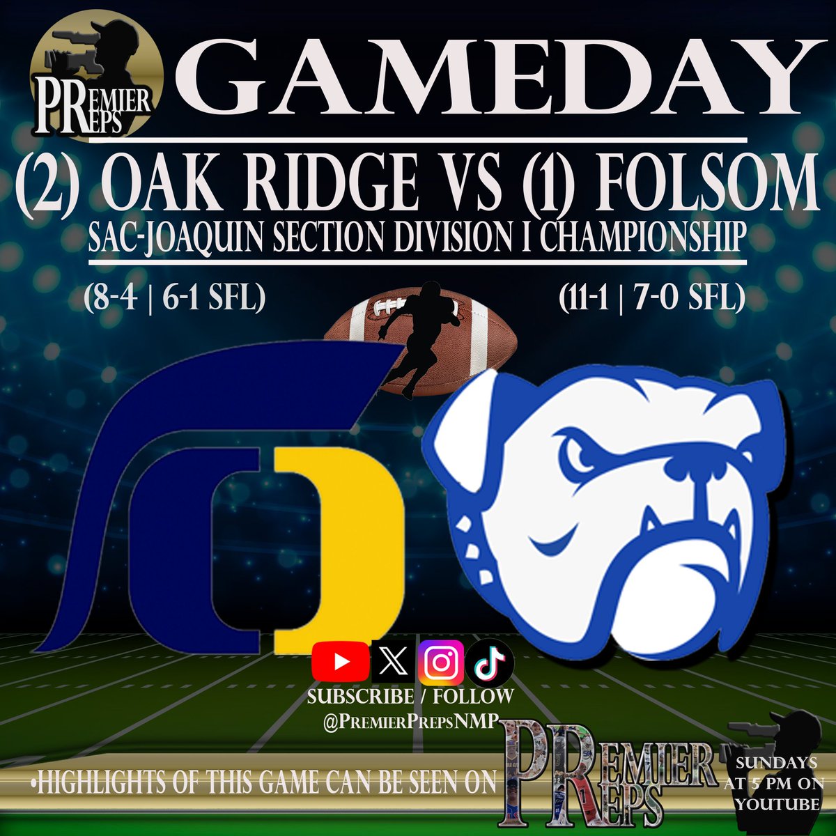 Nick Pecoraro (@premierprepsnmp) on Twitter photo We ain't done yet! Day 2 of <a href="/cifsjs/">CIF Sac-Joaquin Section</a> championship🏈continues. Premier Preps has more coverage!
🕚<a href="/SutterFootball/">𝕊𝕦𝕥𝕥𝕖𝕣 𝔽𝕠𝕠𝕥𝕓𝕒𝕝𝕝</a> vs <a href="/Hughsonfootball/">Hughson Football</a>
🕒<a href="/VandenFB/">Vanden Football</a> vs <a href="/OakdaleHSSports/">Oakdale HS Sports</a>
🕒@summ_bears vs <a href="/FBSRCKnights/">SRCFootball</a> (at St. Mary's)
🕖<a href="/ORHS_Football/">OR Trojan Football</a> vs <a href="/FolsomBulldogFB/">Folsom Football</a>
➡️youtube.com/@PremierPreps⬅️ We ain't done yet! Day 2 of <a href="/cifsjs/">CIF Sac-Joaquin Section</a> championship🏈continues. Premier Preps has more coverage!
🕚<a href="/SutterFootball/">𝕊𝕦𝕥𝕥𝕖𝕣 𝔽𝕠𝕠𝕥𝕓𝕒𝕝𝕝</a> vs <a href="/Hughsonfootball/">Hughson Football</a>
🕒<a href="/VandenFB/">Vanden Football</a> vs <a href="/OakdaleHSSports/">Oakdale HS Sports</a>
🕒@summ_bears vs <a href="/FBSRCKnights/">SRCFootball</a> (at St. Mary's)
🕖<a href="/ORHS_Football/">OR Trojan Football</a> vs <a href="/FolsomBulldogFB/">Folsom Football</a>
➡️youtube.com/@PremierPreps⬅️