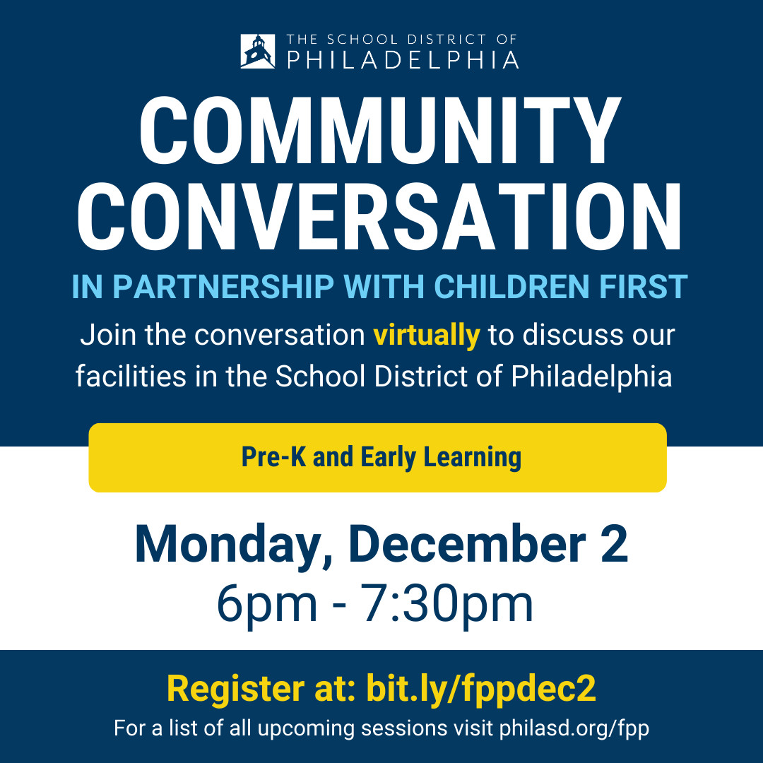 Join the conversation virtually to discuss our facilities in the School District of Philadelphia!

📅 Monday, December 2
⏰ 6:00 PM - 7:30 PM

Register now: bit.ly/fppdec2
#PHLed